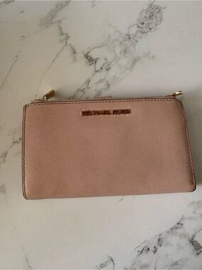 Michael Kors Blush Saffiano Zip Wallet with Gold Hardware